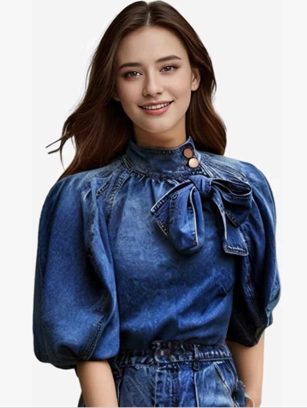 Womens Denim Puff-Sleeve Tie-Neck Top - Blue #80